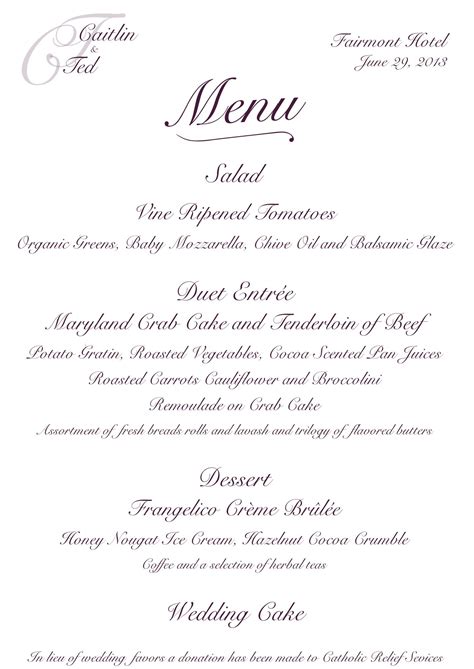 wedding menus for reception.